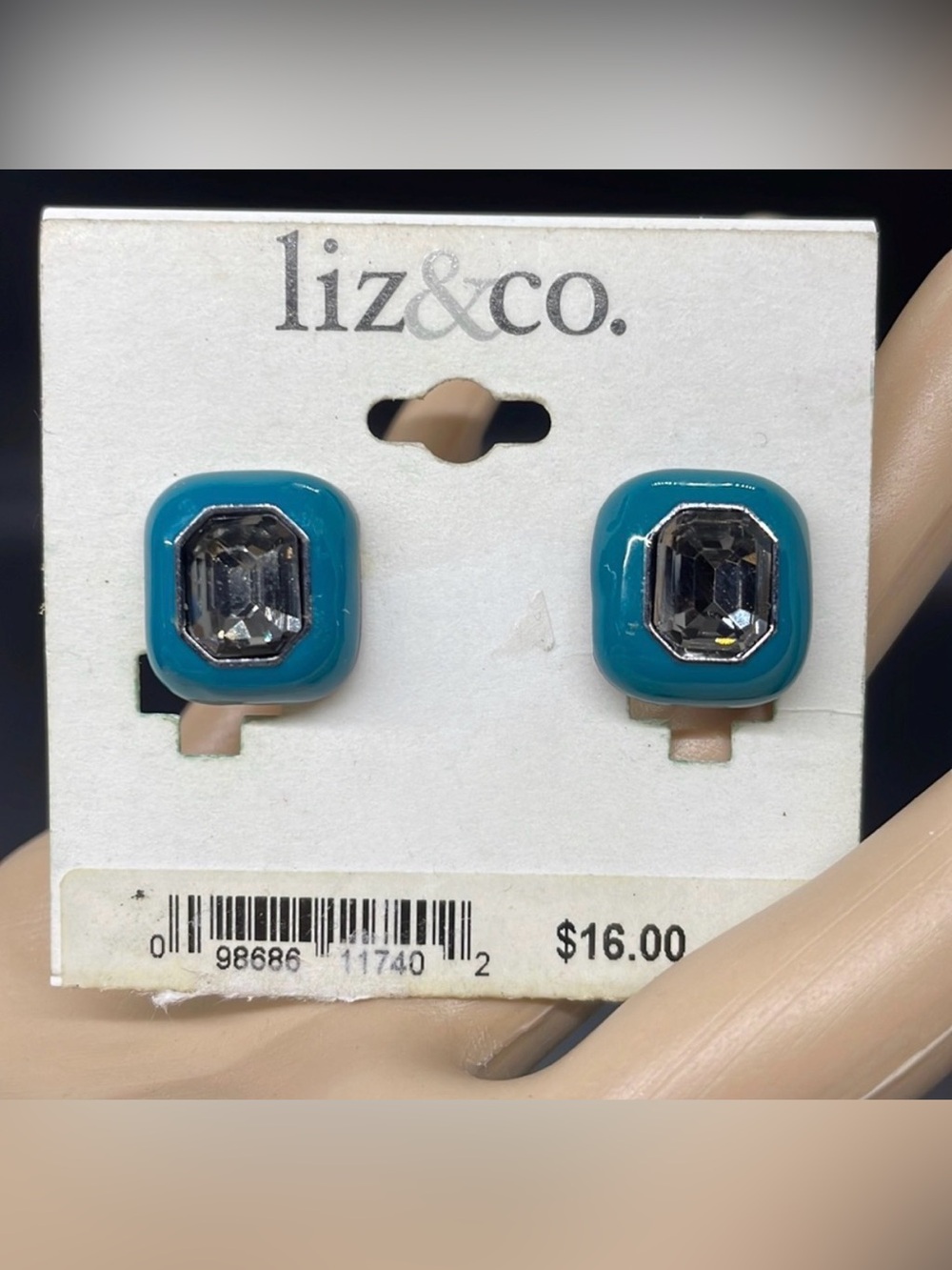 Y2k Liz Claiborne blue black stone square clip on earrings NWT